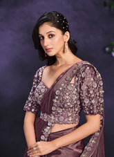 Brown Crape Satin Silk Embroidered Ready to Wear Saree